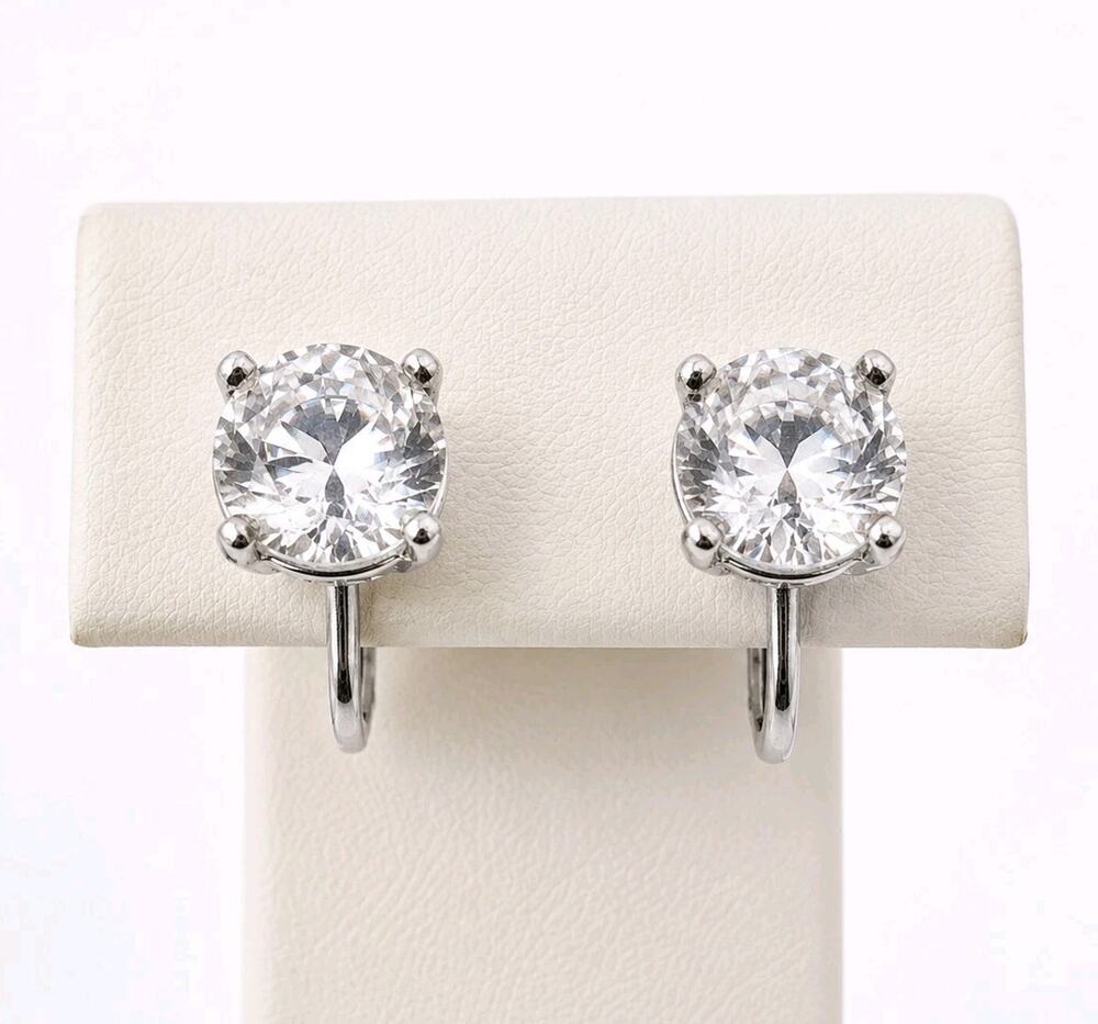 Vtg Panetta Clear Rhinestone Solitaire Clip On Earrings Silver Tone Signed